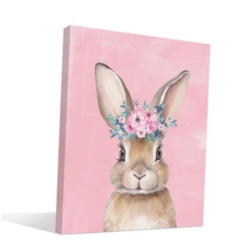 Pink Easter Bunny Rabbit Canvas Wall Art Print, Easter Decor Bunny Nursery