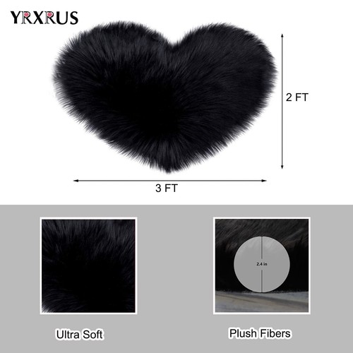 Heart Shaped Fluffy Rug 2x3 Ft Black Faux Fur Cute Small Area Rug for Bedroom - Picture 6 of 8