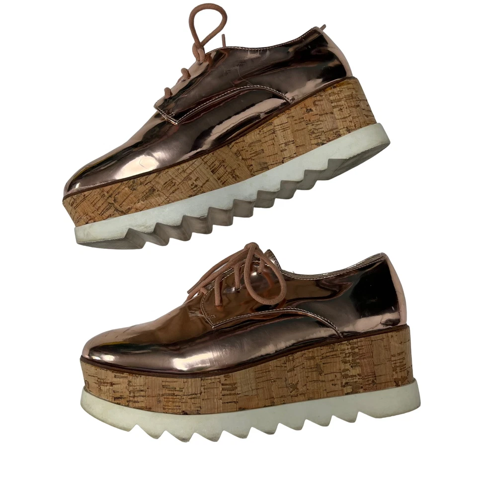 Bamboo SIZE 8 Womens Skyhigh Pink Rose Gold Metallic Wedge Lace Up Oxford Shoes - Image 2 of 4