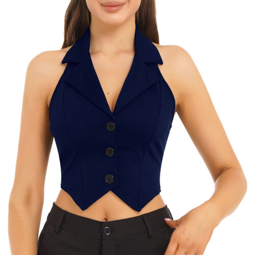 Women's V Neck Vest Lapel Halter Backless Button Down Pointed Hem Crop AU - Picture 24 of 53
