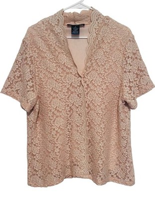 Susan Graver Style Lace Overlay Top Women s XL Beige Lined Cottagecore Floral