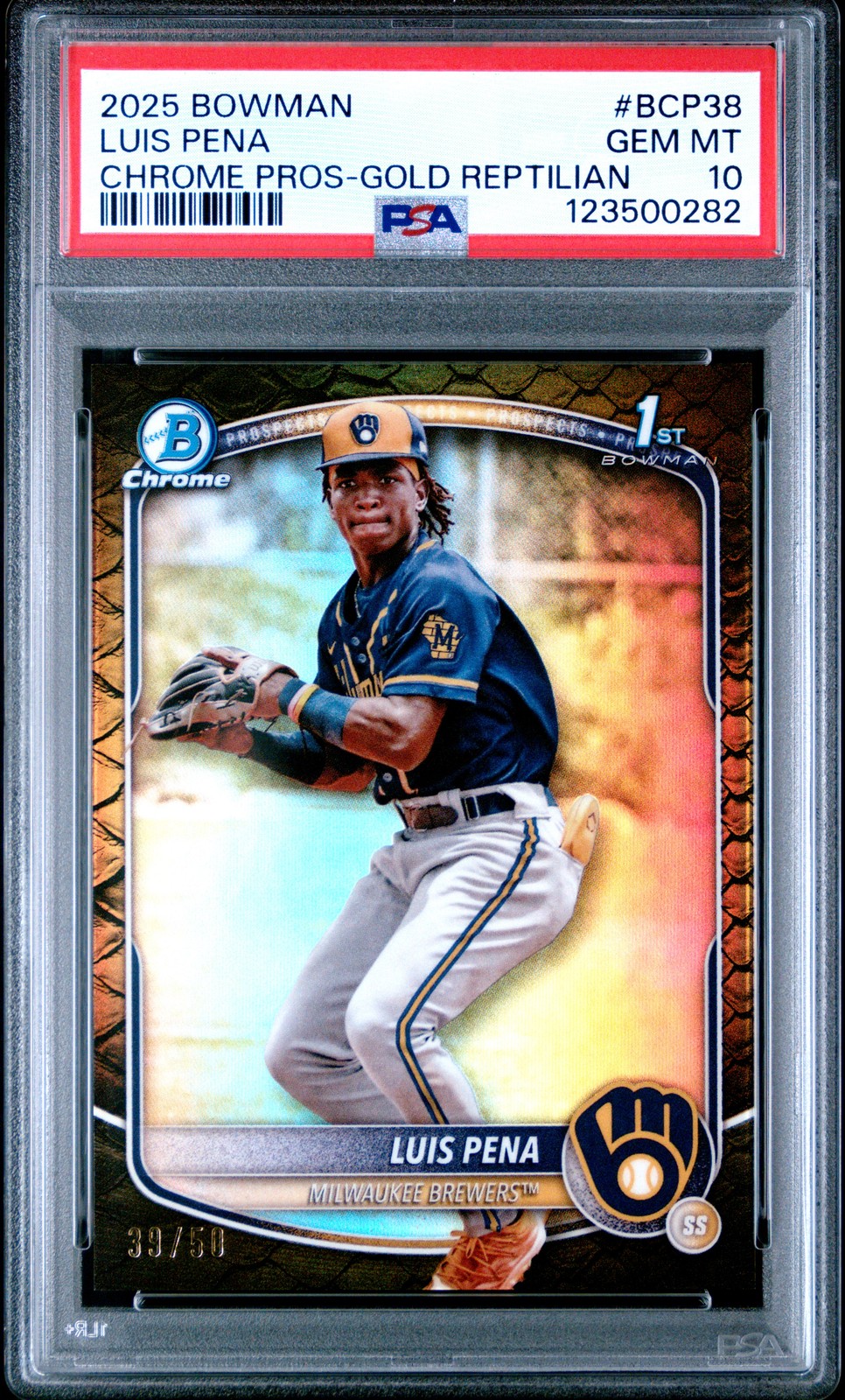 2025 BOWMAN CHROME PROSPECTS GOLD REPTILIAN #BCP38 LUIS PENA 39/50 PSA 10