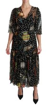 Dolce&Gabbana Women Black Dress 100% Silk Seashell Print Maxi Bodycon Sz IT 42 S