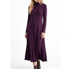 Eileen Fisher Sz S Jersey Mock Neck Long Sleeve Midi Dress Viscose Deep Plum