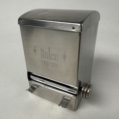 Vintage Halco Stainless Steel Sanitary Toothpick Dispenser Wood Base Diner Used