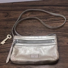 Fossil Purse DAWSON Crossbody Leather Small Metallic Sparkly Champagne Key Charm