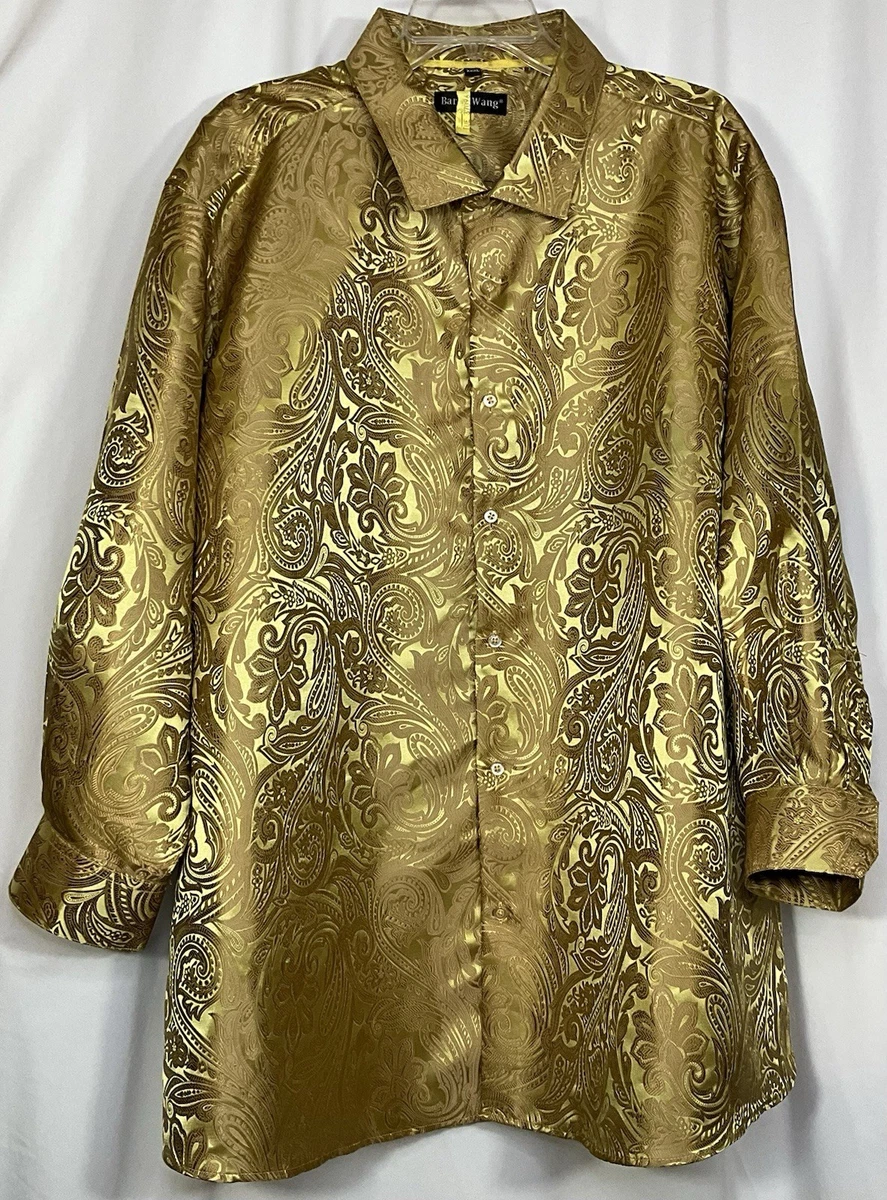 metallic gold mens dress shirt Mens Gold Lam 70s Disco Shirt Metallic Stretch Knit Long Sleeve M