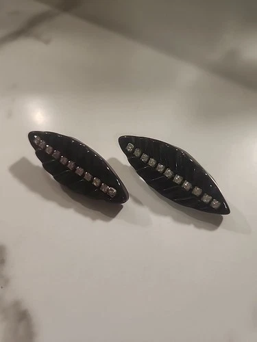 Vintage Black Leaf Shape With White Rhinestone Earings Plastic Costume Jewelry