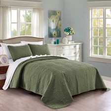 Quilt Set Full/Queen Size Olive Green - Oversized Bedspread - Soft Microfiber...
