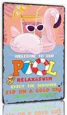 Nwijvsn Welcome to Our Pool Tin Metal Signs Pool Area Decorations for Home Swimm