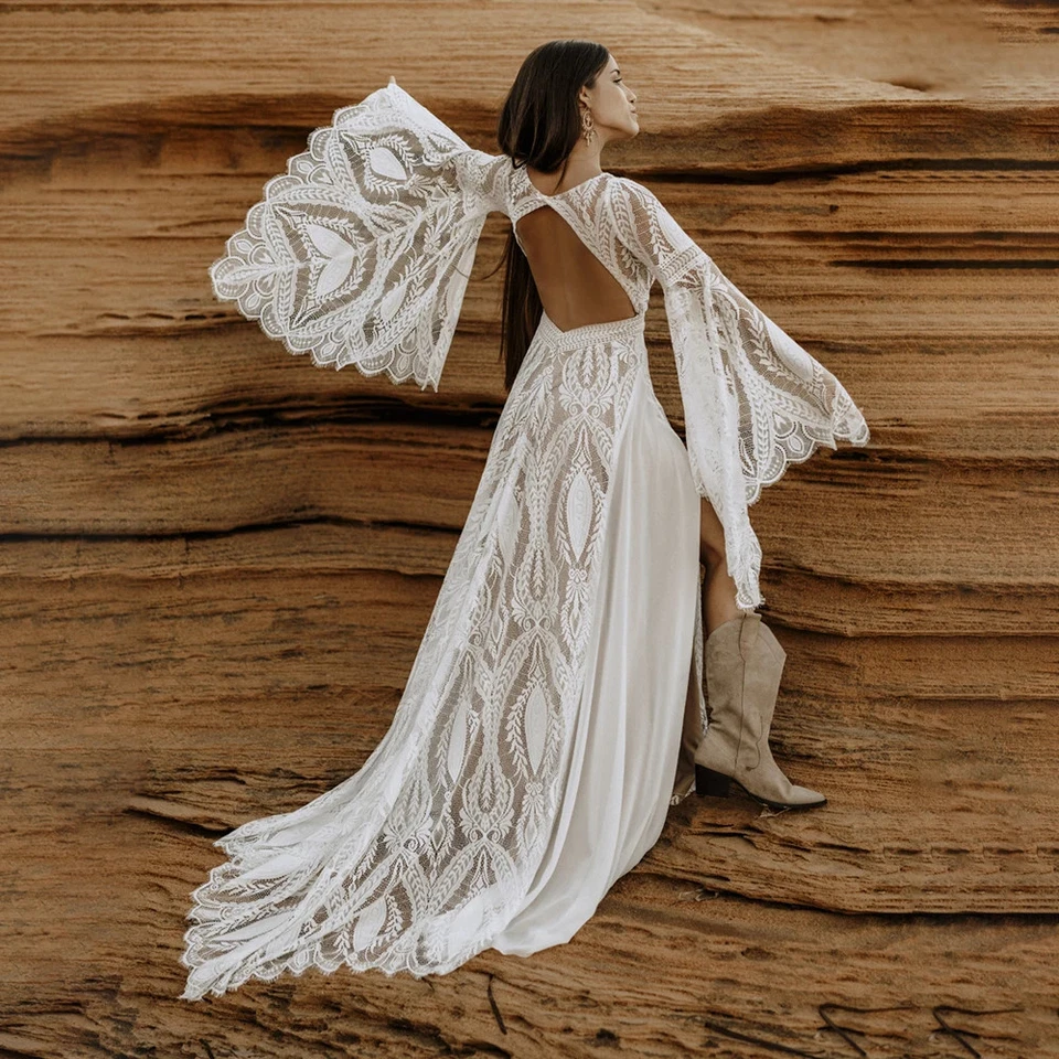 Long Split Sleeves Boho Bridal Gown V-Neck Chiffon Lace A Line Wedding Dress - Image 2 of 4