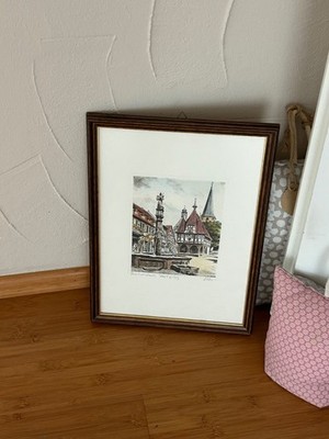 Etching Michelstadt Market Square Fountain with Original Frame by Klei Top 28x38