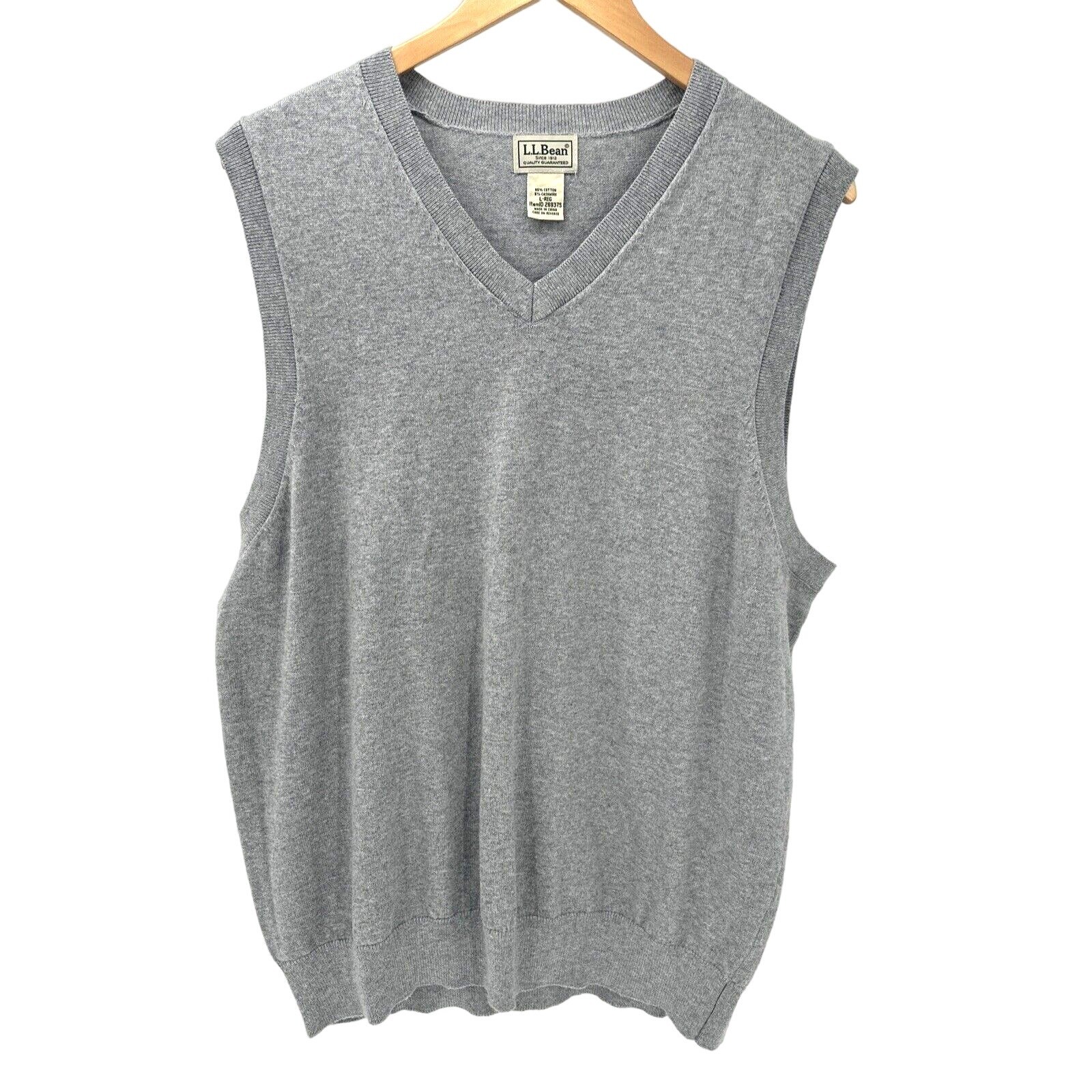 LL Bean Sweater Mens Large Cotton Cashmere Vest Gray Knit Classic V-Neck Preppy