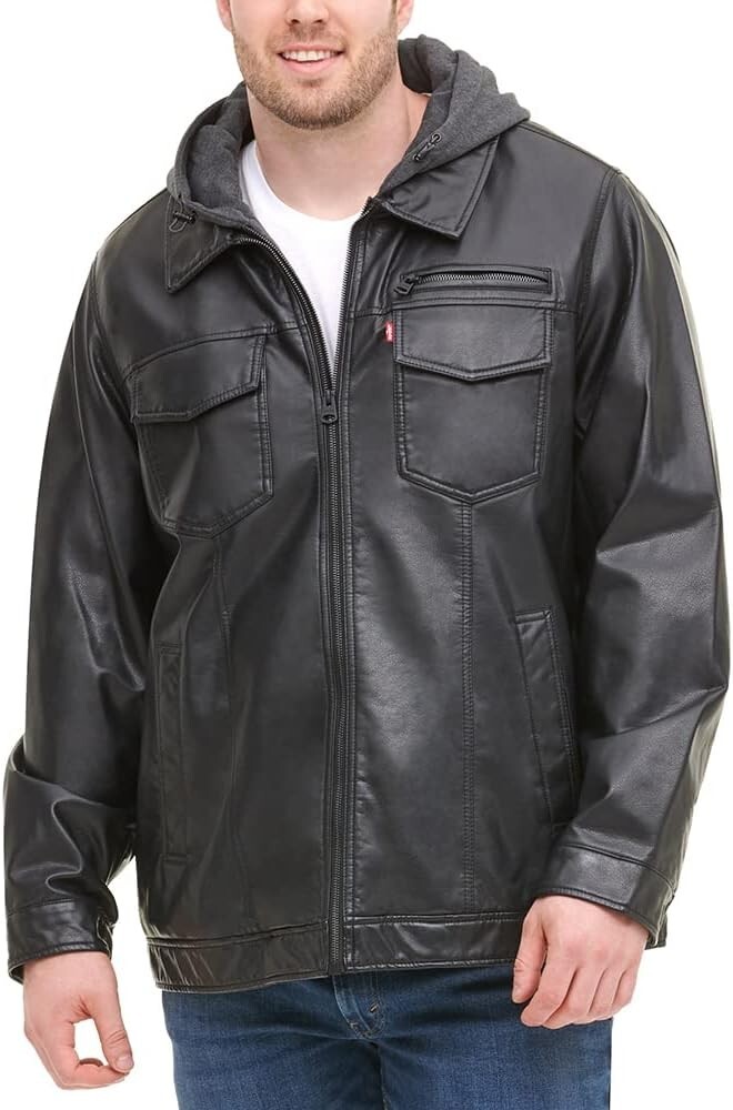 Levi's X1412 Mens Black Faux Leather Hooded Sherpa Lining Trucker