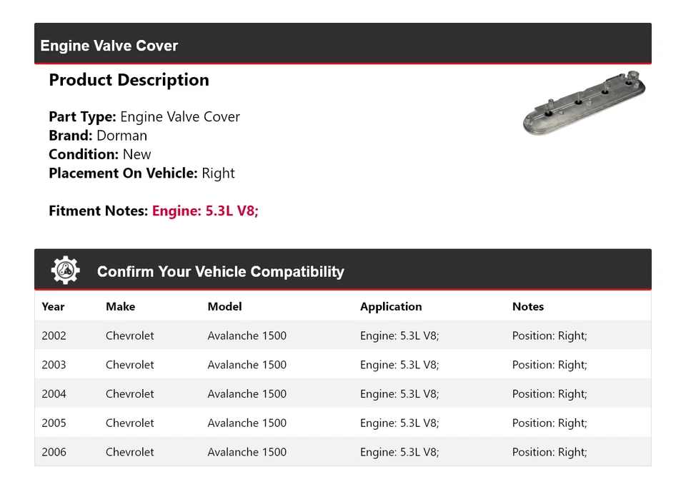 Cubierta derecha de válvula de motor Dorman V8 5,3 L Chevrolet Avalanche 1500 2002-2006 Foto 2 de 4