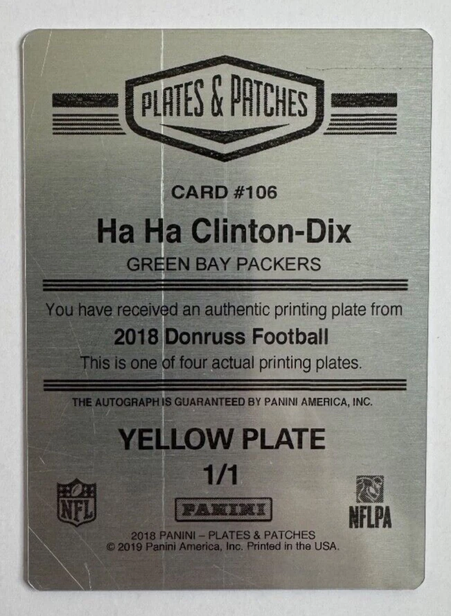 Ha Ha Clinton-Dix 2018 Donruss Printing Plate Yellow AUTO Packers #'d 1/1 - Image 2 of 2