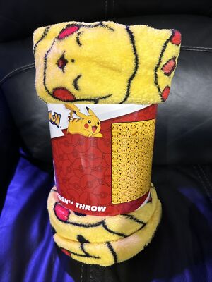 Pokemon Pikachu Plush Throw Blanket 46'' x 60'' Yellow Black Happy Faces Soft NEW