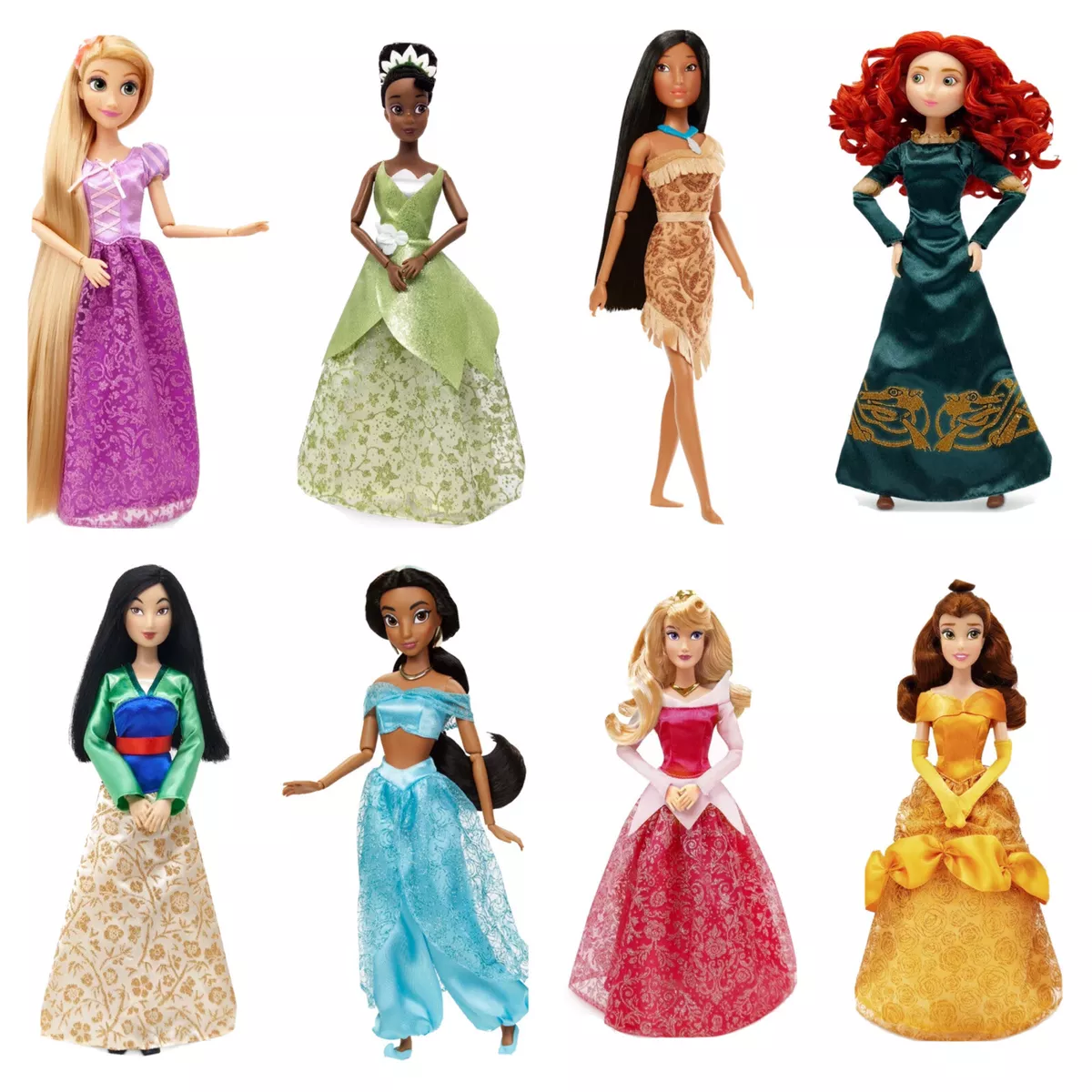 Disney Barbie Classic 8 Princess Dolls Pocahontas Merida Belle Aurora Tiana  Set