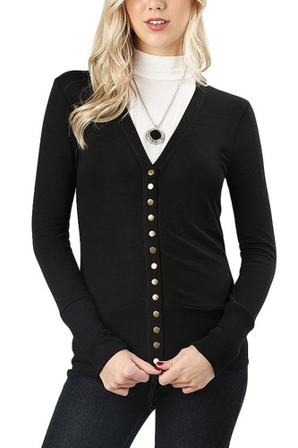 Women Snap Button Front V-Neck Soft Stretch Rayon Blend Fabric Sweater Cardigan - Picture 12 of 64