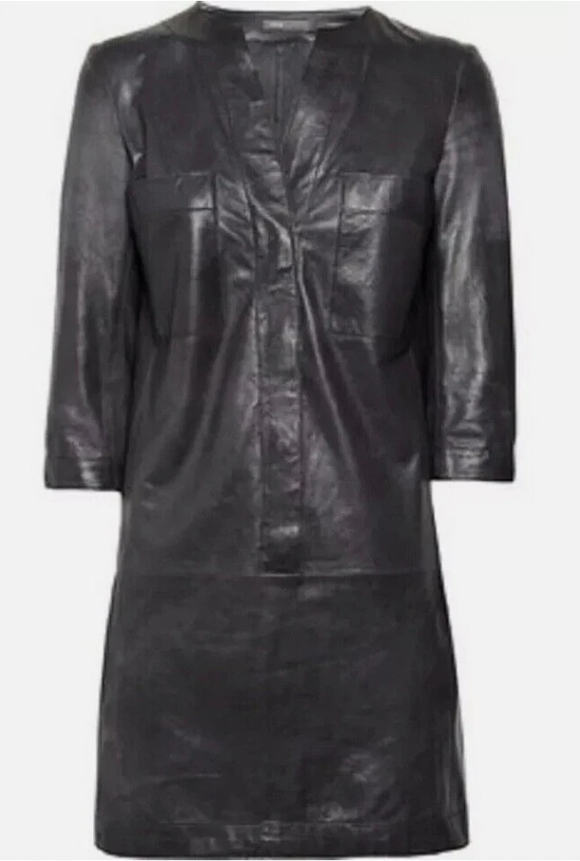 NUEVA Camisa de Vestir Vince 10 Cuero Cordero Para Mujer Cambio Mini Cuello en V Manga 3/4 Gris Foto 3 de 4