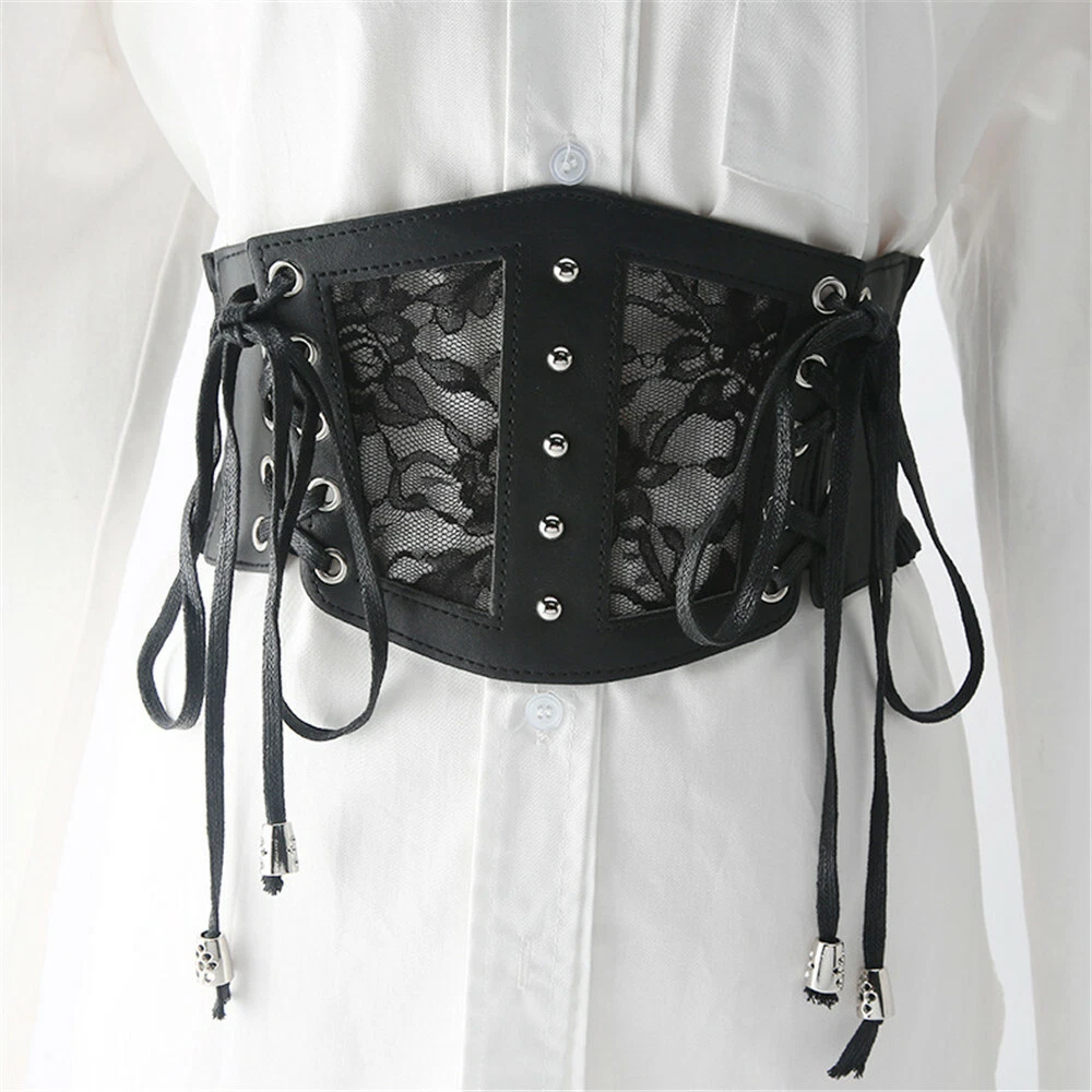 Women Black Lace Wide Belt Lace Up Belt Punk Gothic Dress Waistband