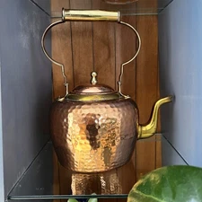 Antique hand-Hammered Copper Tea Kettle pot coffee brass details Gooseneck CLEAN