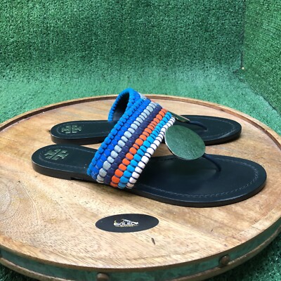 Tory Burch Women Patos Sport Blue Silver Disk Thong Sandals Flip Flop Size  M