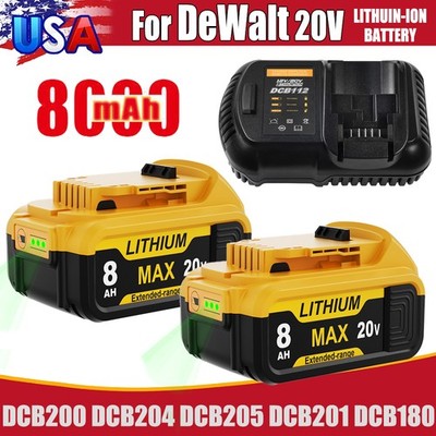 1-2Pcs For DeWalt 20V Max 8.0AH Lithium Ion Battery/Charger DCB200 DCB206 DCB205