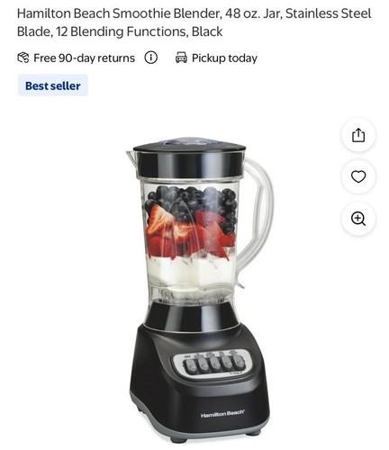 Hamilton Beach Smoothie Blender 48 oz. Jar 12 Blending Functions, Black, 50180FG