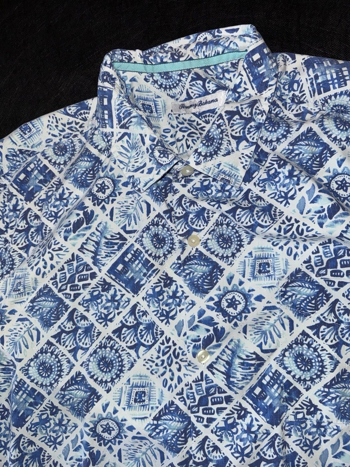 Tommy Bahama Men's Short Sleeve Button Up Shirt Silk Coolmax Blue Graphic Sz XXL