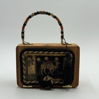 Cigar Box Purse Wooden With Camel Tapestry Fabric Tassel Beaded Handle & Mirror