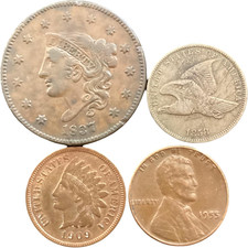 Antique Coins Vintage Penny Set. Braided Hair Large Cent. 1839-1857, Flying Eagl