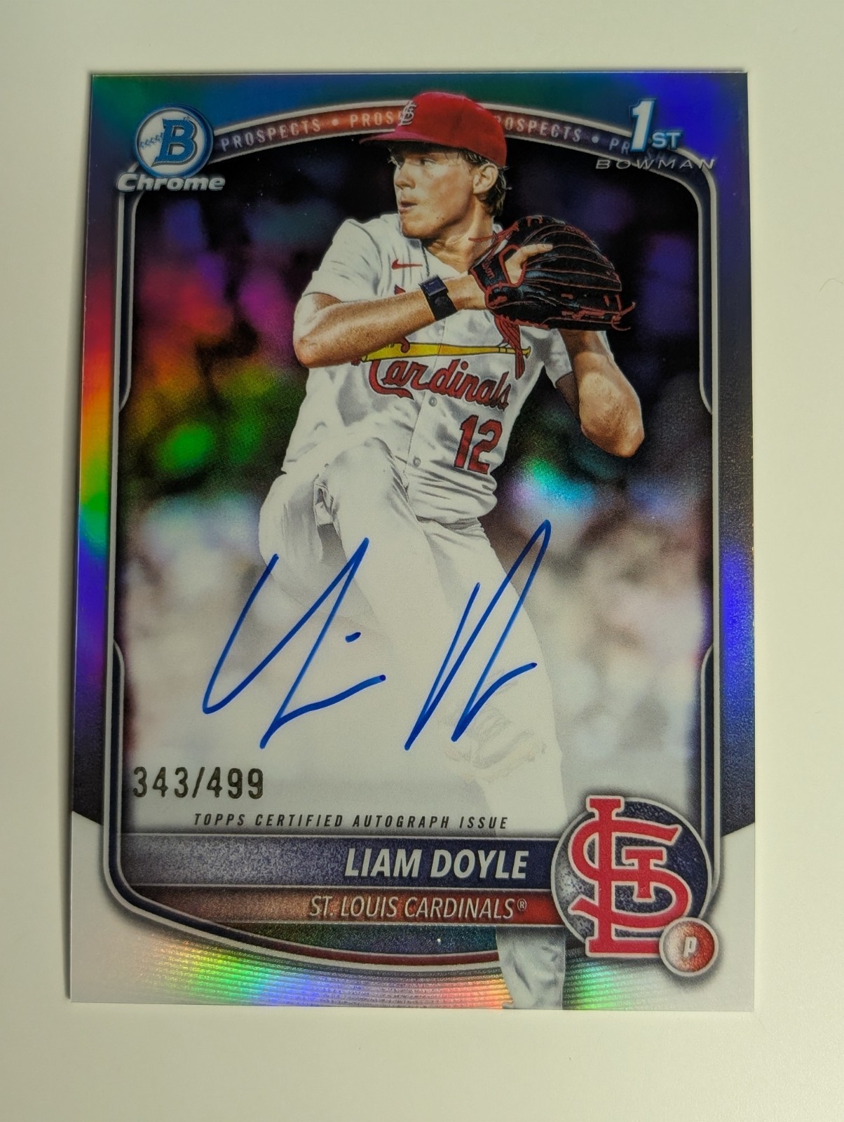 Liam Doyle 2025 Bowman Draft Chrome 1st Refractor Auto /499 Cardinals Autograph