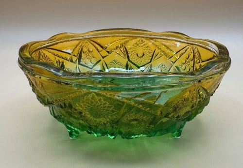 Vintage Jeanette Carnival Glass Yellow Amber Green Footed Bowl/Candy Dish MCM