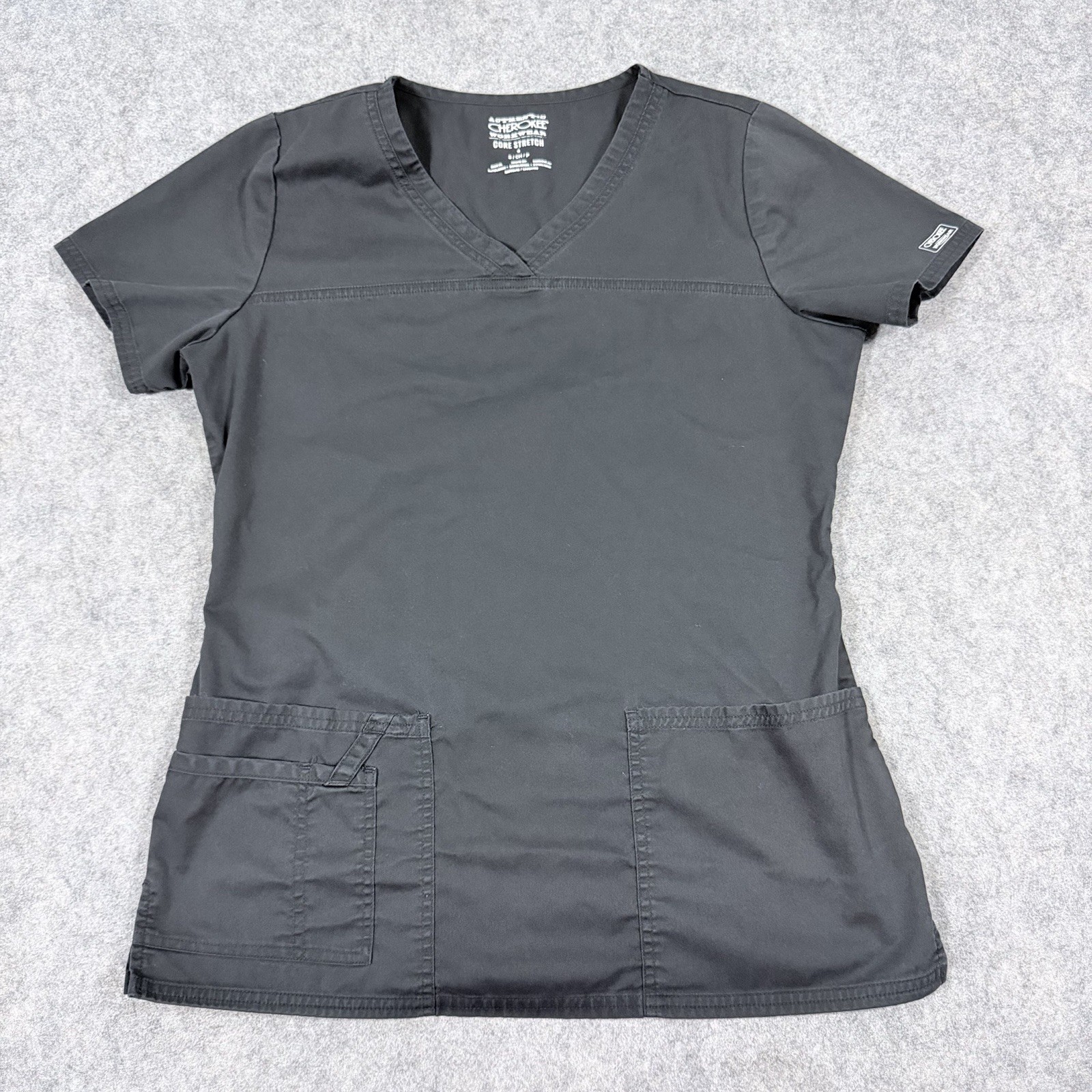 Cherokee Workwear Core Stretch Pockets Scrub Top Fits Women's Size Small Black
