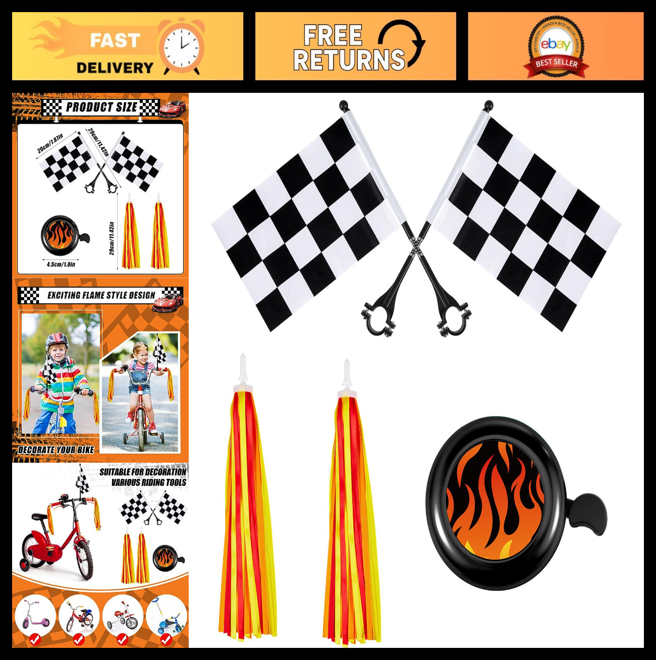5 Pcs Kids Bike Accessories Set - Flame Tassel Streamers, Bell, Checkered Flags