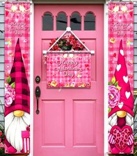 Valentine  s Day Decorations-Gnome Valentine Porch Sign Banner,3PCS Pink Happy...