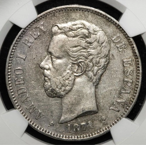 NGC XF45, 5 peseta silver coin of Amadeo I of Spain (1871) / 3