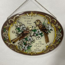 Oval Stained Glass Style Suncatcher Birds Flowers Sparrows Blossoms Quote READ 