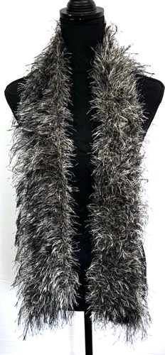 BEAUTIFUL 4" X 52" HAND MADE BLACK AND SILVER/PEARL EYELASH YARN SCARF