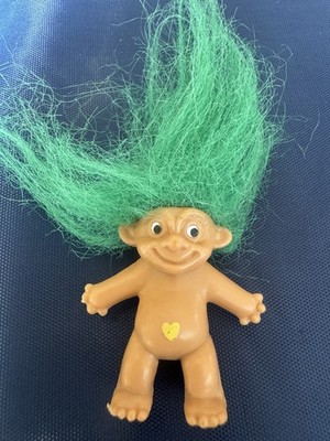 Vintage 1.5  Pencil Top Troll Doll Green Hair & Heart Belly Button