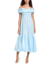 Ganni Seersucker Check Smocked Maxi Dress Women's Blue 32