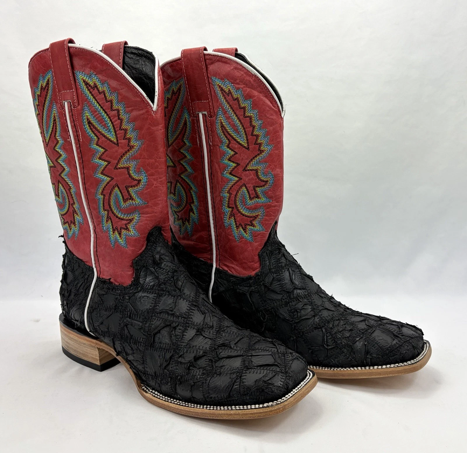 Exotic Pirarucu Fish Patchwork Western Cowboy Boots Black/Red Men's 14 New*