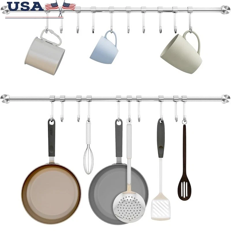 Wall Mounted Stainless Steel Rack W/ 7 Hooks Kitchen Utensil Organization New
