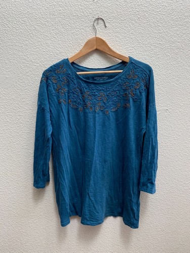 Soft Surroundings Fernwood Embellished Tee 3/4 Sleeve Blue Green Medium 2EA36
