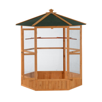 69'' Wooden Hexagon Bird Aviary Flight Cage Covered Roof Brown