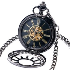 Vintage Mechanical Pocket Watch Mens Black Roman Numerals Hand Wind Analog Gift