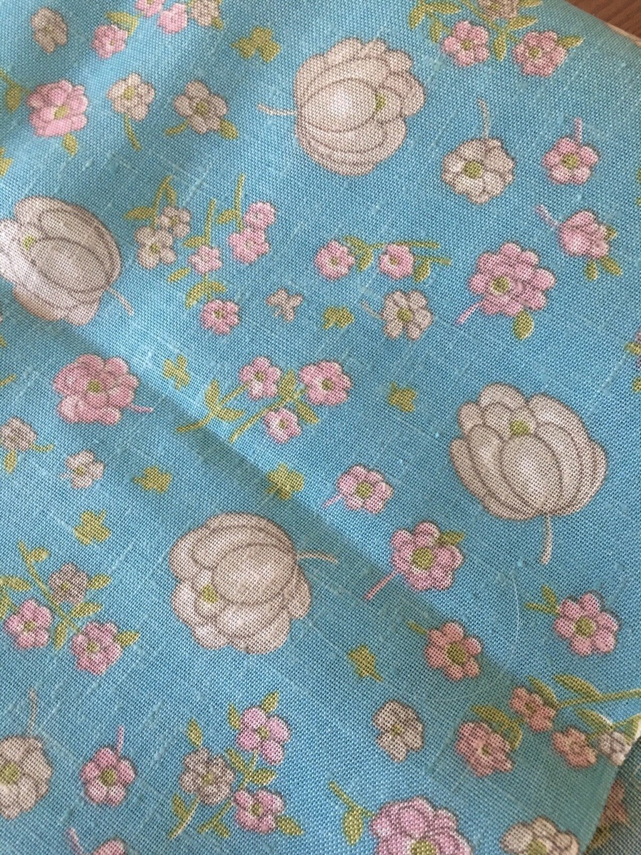 Vintage Retro French 60's Floral Toss Linen Fabric ~ Aqua Blue