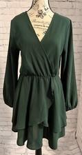 Women’s Army Green V Neck Long Sleeve Ruffle Elastic Waist Dress Size Small