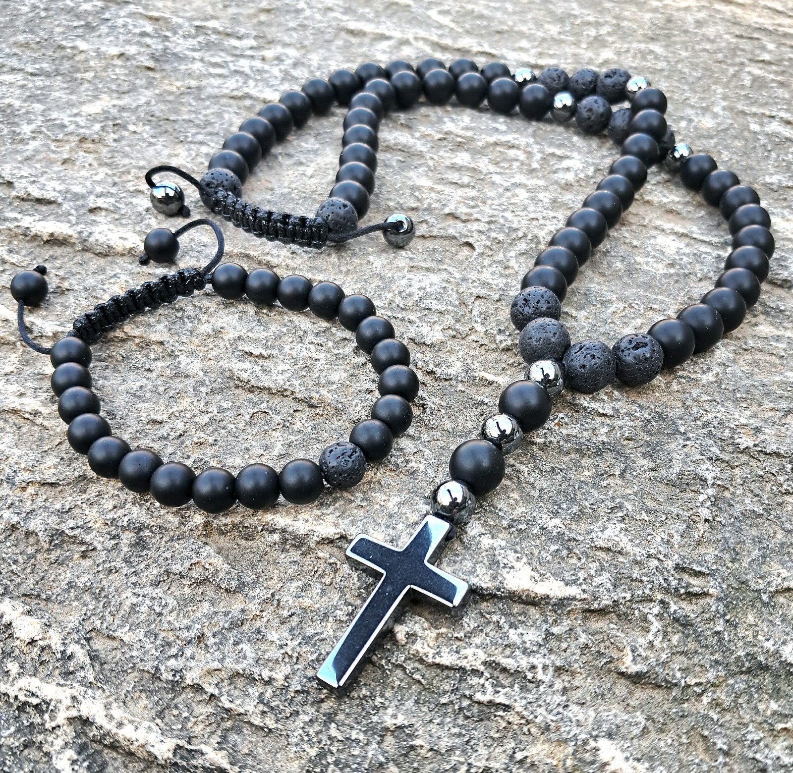 Set Collar Pulsera Onyx Cadena de Perlas Piedra de Lava Cadena Hombre Cadena ...